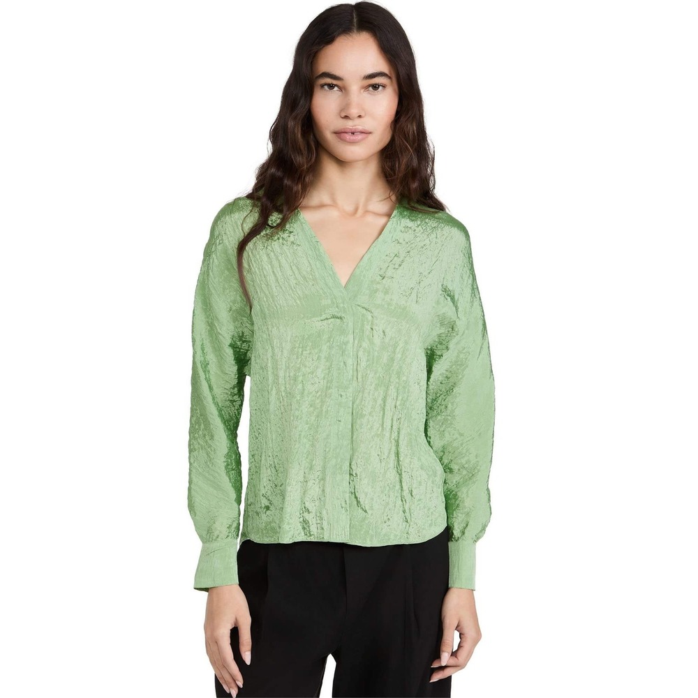 Vince‎ Top Womens S Green V-Neck Long Sleeve Crinkle Texture Blouse Modern Chic - Picture 3 of 13